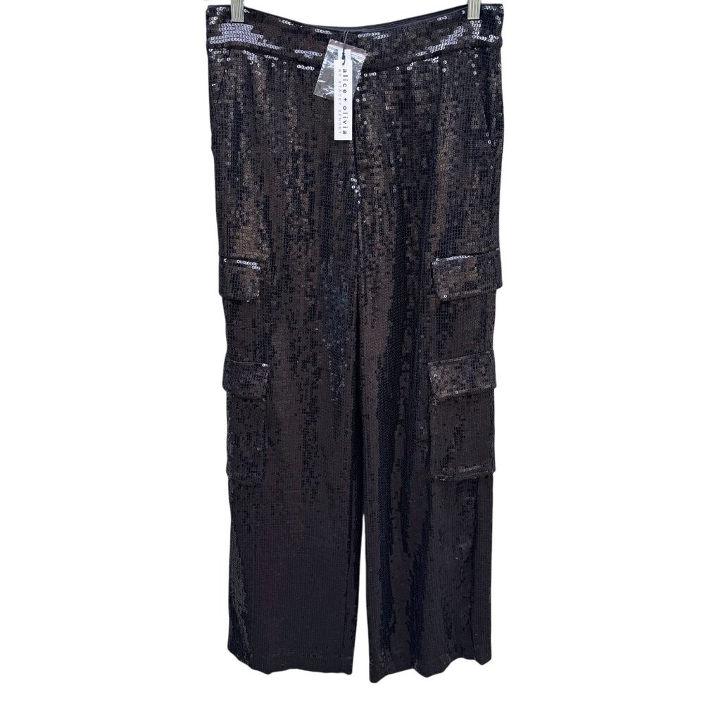 Alice + Olivia Black Sequin Glam Wide Leg Cargo Pants Womens Size 8 Tall New